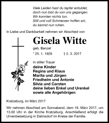 Traueranzeige von Gisela Witte von Strelitzer Zeitung