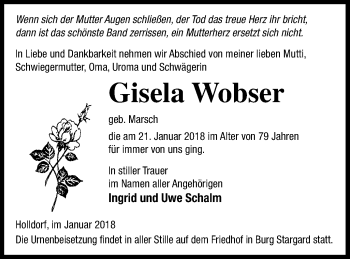 Traueranzeige von Gisela Wobser von Demminer Zeitung