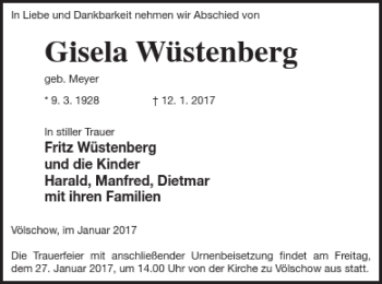 Traueranzeige von Gisela Wüstenberg von Vorpommern Kurier