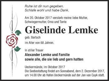 Traueranzeige von Giselinde Lemke von Haff-Zeitung