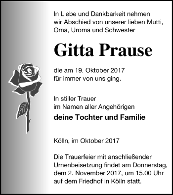 Traueranzeige von Gitta Prause von Neubrandenburger Zeitung