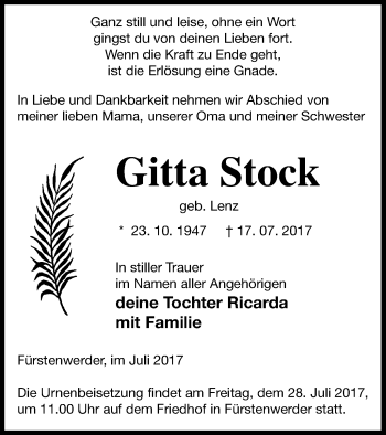Traueranzeige von Gitta Stock von Prenzlauer Zeitung
