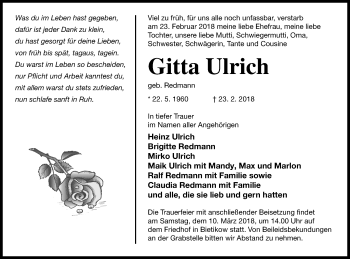 Traueranzeige von Gitta Ulrich von Prenzlauer Zeitung