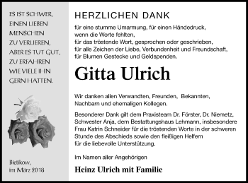 Traueranzeige von Gitta Ulrich von Prenzlauer Zeitung