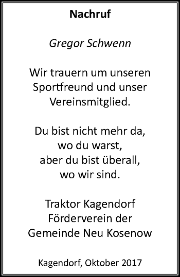 Traueranzeige von Gregor Schwenn von Vorpommern Kurier