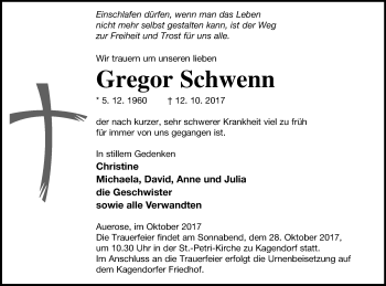 Traueranzeige von Gregor Schwenn von Vorpommern Kurier