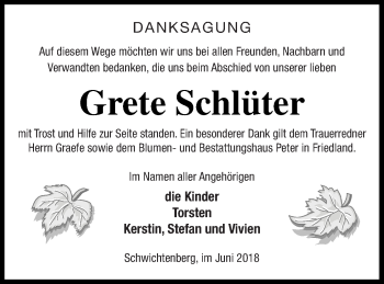 Traueranzeige von Grete Schlüter von Neubrandenburger Zeitung