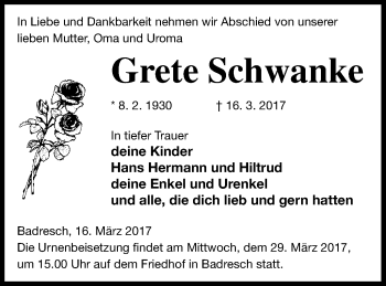 Traueranzeige von Grete Schwanke von Strelitzer Zeitung