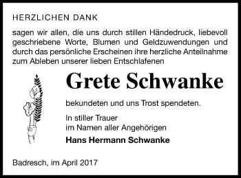 Traueranzeige von Grete Schwanke von Strelitzer Zeitung