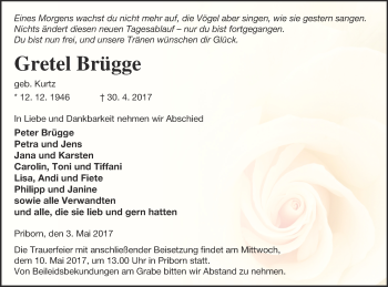 Traueranzeige von Gretel Brügge von Müritz-Zeitung