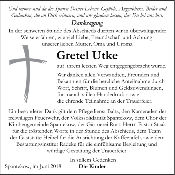 Traueranzeige von Gretel Utke von Vorpommern Kurier