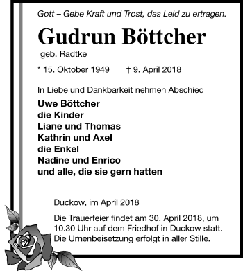 Traueranzeige von Gudrun Böttcher von Mecklenburger Schweiz