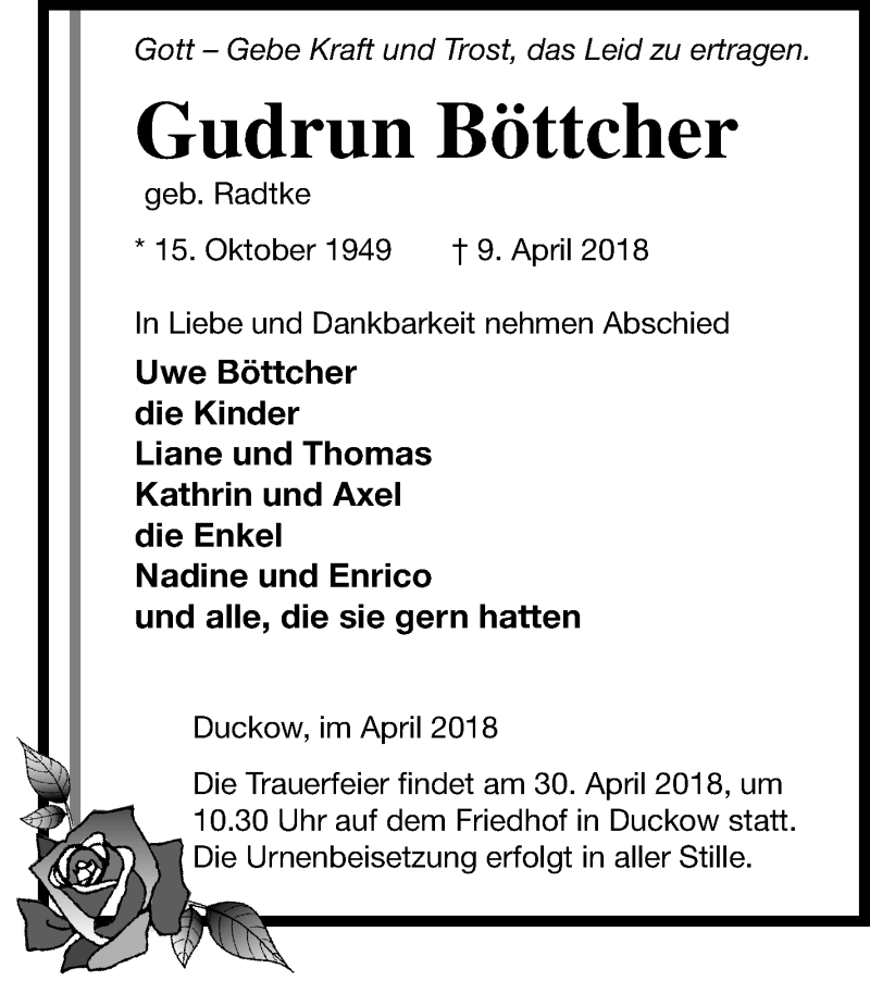  Traueranzeige für Gudrun Böttcher vom 20.04.2018 aus Mecklenburger Schweiz