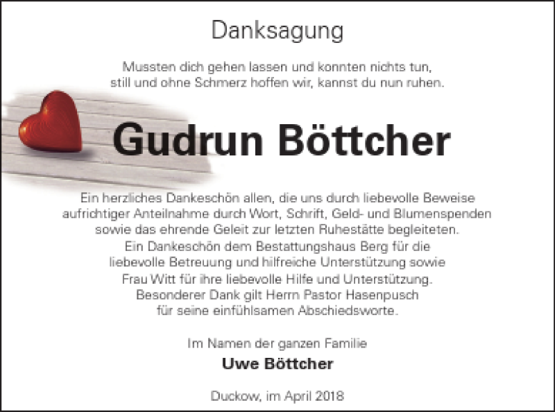  Traueranzeige für Gudrun Böttcher vom 12.05.2018 aus Mecklenburger Schweiz