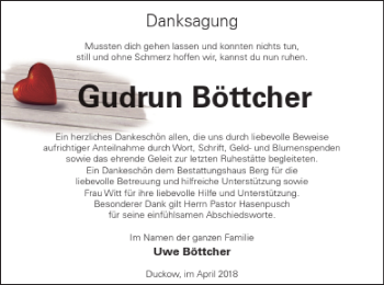 Traueranzeige von Gudrun Böttcher von Mecklenburger Schweiz