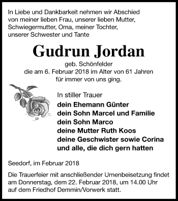 Traueranzeige von Gudrun Jordan von Demminer Zeitung