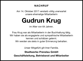 Traueranzeige von Gudrun Krug von Prenzlauer Zeitung