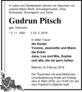 Traueranzeige von Gudrun Pitsch von Mecklenburger Schweiz