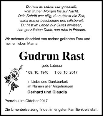 Traueranzeige von Gudrun Rast von Prenzlauer Zeitung