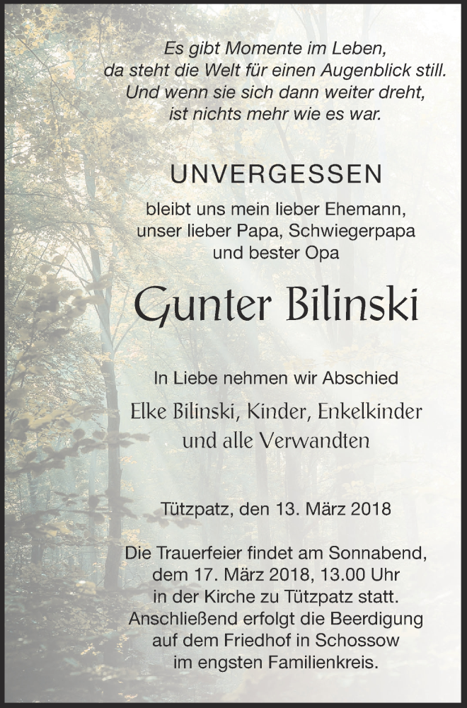  Traueranzeige für Gunter Bilinski vom 15.03.2018 aus Neubrandenburger Zeitung