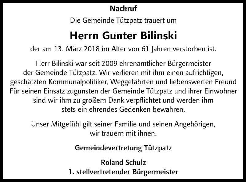  Traueranzeige für Gunter Bilinski vom 17.03.2018 aus Neubrandenburger Zeitung