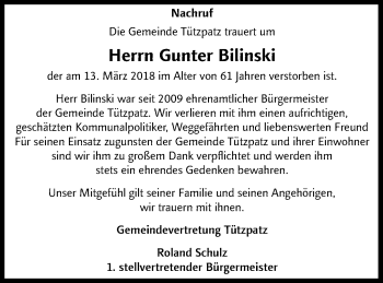 Traueranzeige von Gunter Bilinski von Neubrandenburger Zeitung