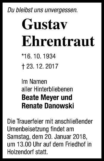 Traueranzeige von Gustav Ehrentraut von Neubrandenburger Zeitung