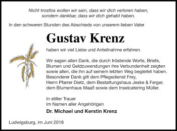 Traueranzeige von Gustav Krenz von Prenzlauer Zeitung