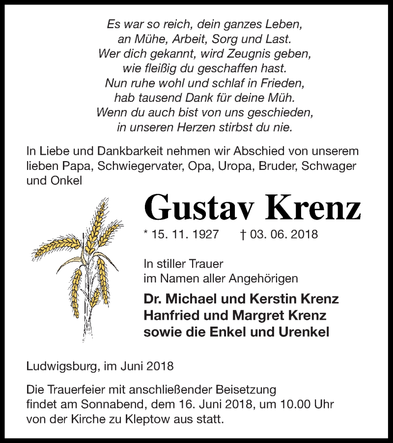  Traueranzeige für Gustav Krenz vom 09.06.2018 aus Prenzlauer Zeitung