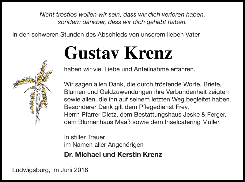  Traueranzeige für Gustav Krenz vom 23.06.2018 aus Prenzlauer Zeitung