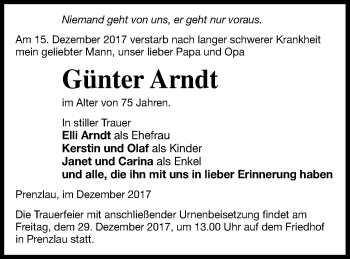 Traueranzeige von Günter Arndt von Prenzlauer Zeitung