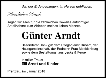 Traueranzeige von Günter Arndt von Prenzlauer Zeitung