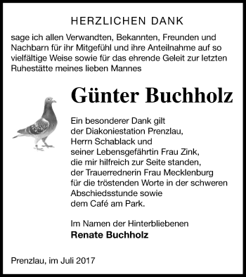 Traueranzeige von Günter Buchholz von Prenzlauer Zeitung