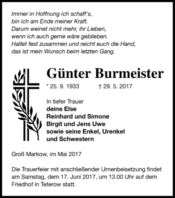 Traueranzeige von Günter Burmeister von Mecklenburger Schweiz