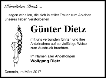 Traueranzeige von Günter Dietz von Demminer Zeitung