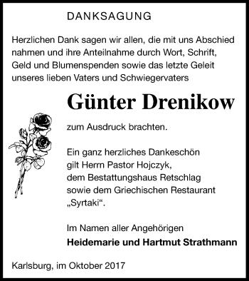 Traueranzeige von Günter Drenikow von Pasewalker Zeitung