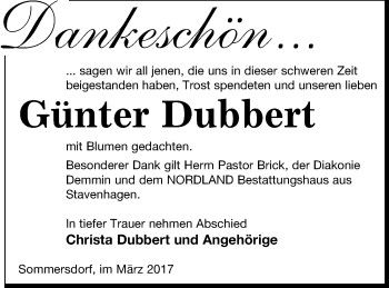 Traueranzeige von Günter Dubbert von Demminer Zeitung