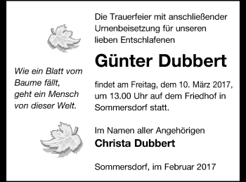 Traueranzeige von Günter Dubbert von Demminer Zeitung