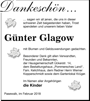 Traueranzeige von Günter Glagow von Pasewalker Zeitung