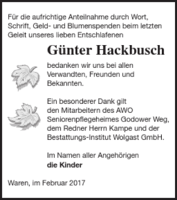 Traueranzeige von Günter Hackbusch von Müritz-Zeitung