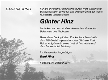 Traueranzeige von Günter Hinz von Nordkurier Gesamtausgabe