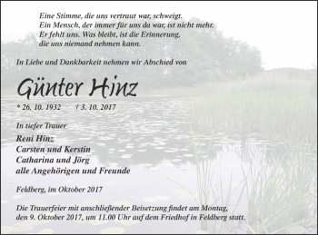 Traueranzeige von Günter Hinz von Strelitzer Zeitung