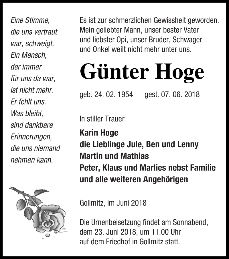  Traueranzeige für Günter Hoge vom 15.06.2018 aus Prenzlauer Zeitung