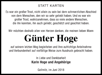 Traueranzeige von Günter Hoge von Prenzlauer Zeitung