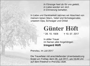 Traueranzeige von Günter Höft von Prenzlauer Zeitung
