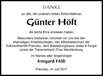 Traueranzeige von Günter Höft von Prenzlauer Zeitung