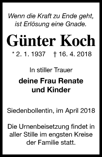 Traueranzeige von Günter Koch von Neubrandenburger Zeitung