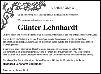 Traueranzeige von Günter Lehnhardt von Prenzlauer Zeitung