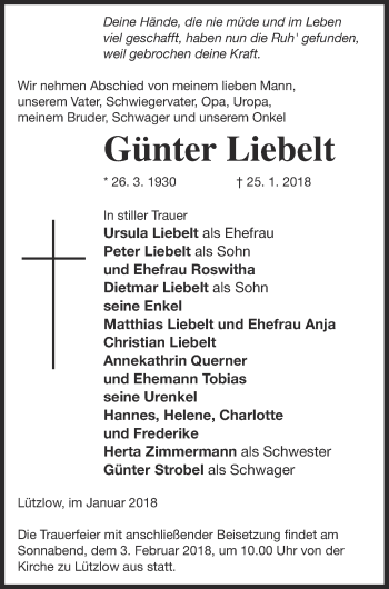 Traueranzeige von Günter Liebelt von Prenzlauer Zeitung