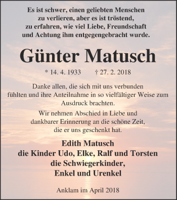 Traueranzeige von Günter Matusch von Vorpommern Kurier